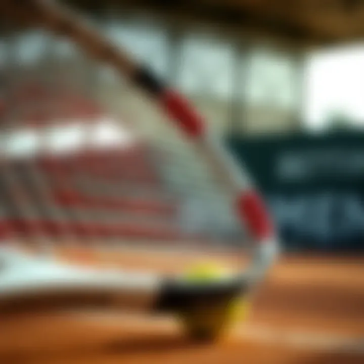 Close-up of a tennis racket and ball in action on clay court