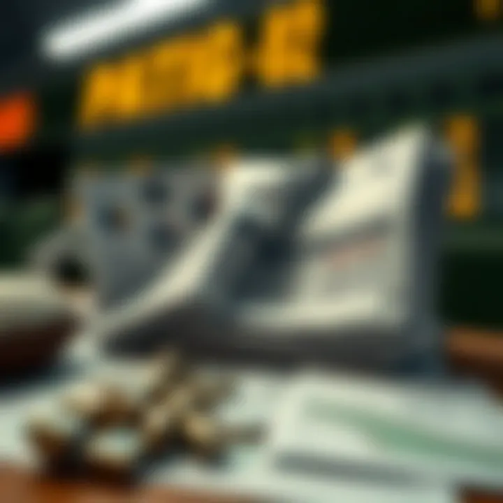 An artistic representation of sports betting strategies with betting slips and statistics