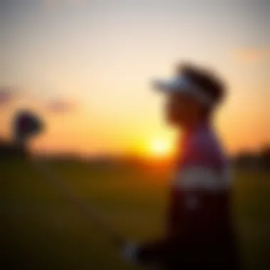 An artistic shot of Kim Si-woo on the golf course at sunset, symbolizing his passion for the game.