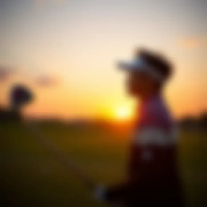 An artistic shot of Kim Si-woo on the golf course at sunset, symbolizing his passion for the game.