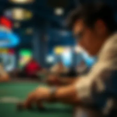 Focused Player in Card Game Betting Player concentrating while placing a bet on a card game