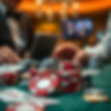A close-up of poker chips and cards during an online game